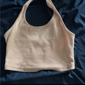 Beige Ribbed Halter Crop Top